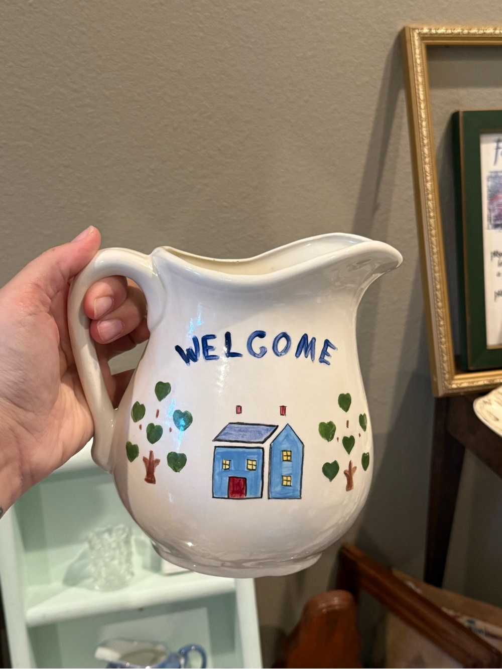 Hand-Painted Welcome Ceramic Pitcher in White with Blue House Motif